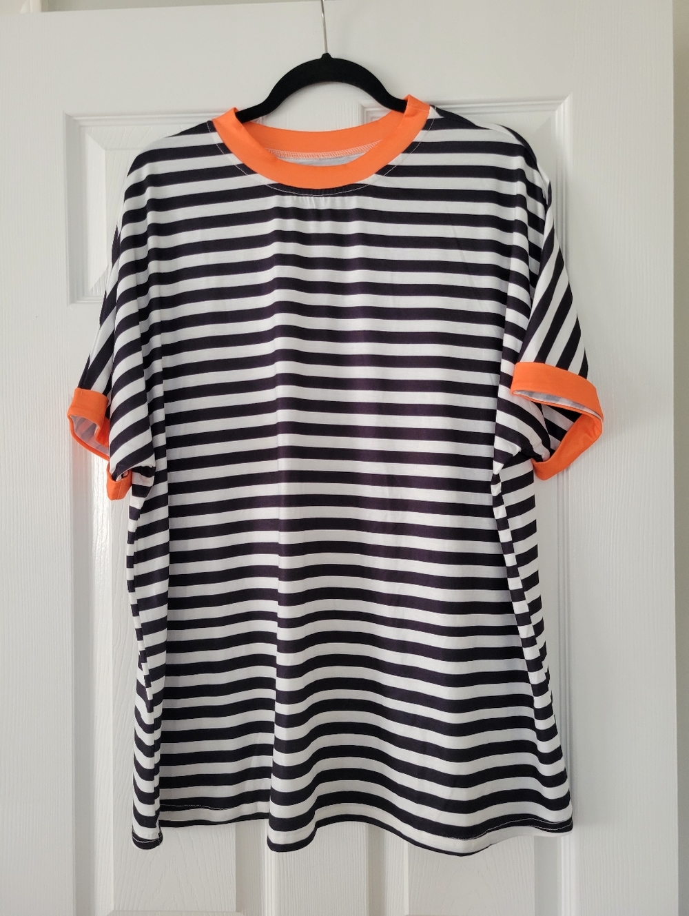 Womens NWT Size Large Striped Black & White Tee with Neon Orange Trim